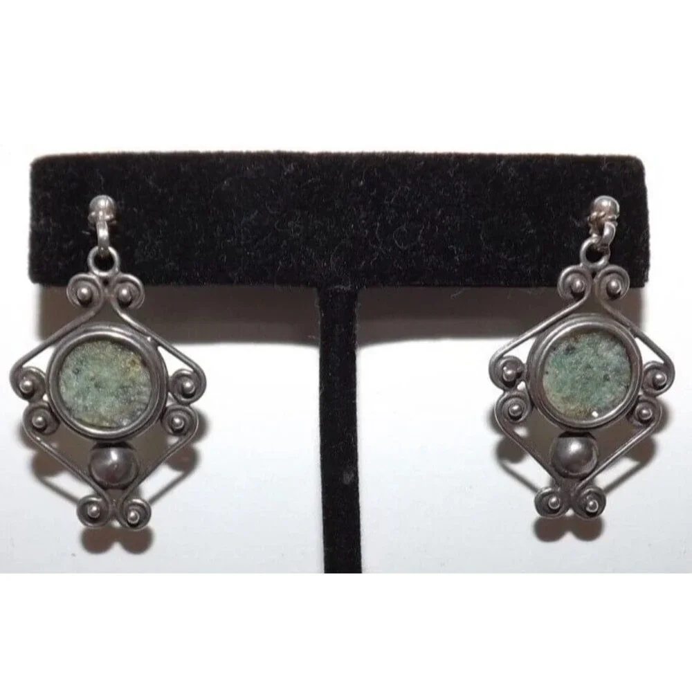 Ancient Roman Glass Vintage Sterling Silver Scroll Dangle Earrings